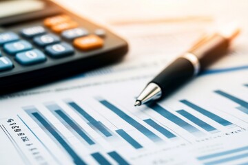 Close-up of financial documents with a calculator and pen, highlighting overhead costs with a blurred background for emphasis.