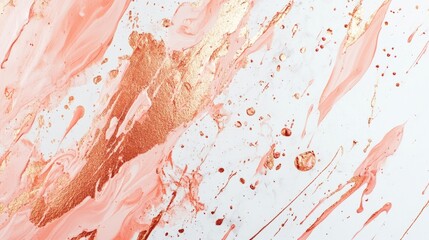 Splattered rose gold paint on white marble, elegant abstract background generative ai