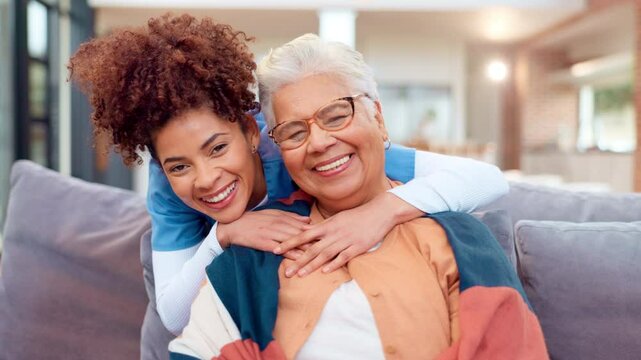 Nurse, elderly woman and hug with caregiver in nursing home for consultation, wellness and empathy in retirement. Woman, senior care and embrace with helping hand, assistance and healing for comfort