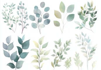 Watercolor eucalyptus clipart featuring various leaves and branches on a white background with a muted pastel color palette.
