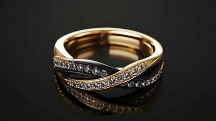 Close-up of a gold ring with black enamel and diamonds.