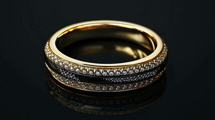 A close-up of a gold band with a black inlay and diamonds.
