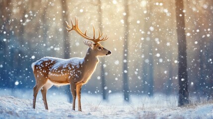 Obraz premium Deer standing in snowy winter forest with