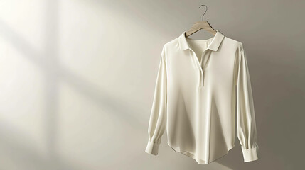 A white collared blouse on a wooden hanger against a beige background.