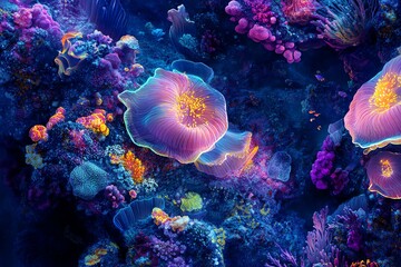 Obraz premium Worms-eye perspective showcasing a fantastical underwater scene teeming with neon coral reefs and playful marine life