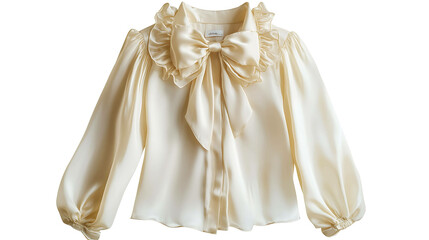 Elegant cream satin blouse with a large bow at the neckline.