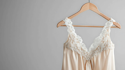 Beige satin camisole with white lace trim, hanging on a wooden hanger against a gray wall.