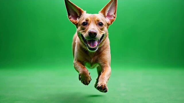 Joyful dog running towards the camera on a green screen background, perfect for easy background replacement. Ideal for marketing and advertising with space for text or graphics