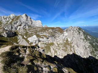 Panorama from the mountain pass Mangart saddle, Strmec na Predelu (Triglav National Park, Slovenia) - Panorama vom Gebirgspass Mangart-Sattel in den Julischen Alpen (Triglav-Nationalpark, Slowenien)