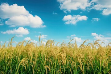 Obraz premium The rice fields are full, waiting to be harveste under blue sky. Farm, Agriculture concept, ai