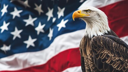 North American bald eagle with the waving USA flag at the background. Symbol of freedom