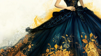 Obraz premium A woman in a flowing dark blue gown with gold floral embroidery.