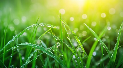 Fototapeta premium Dewdrops on Green Grass Blades in Sunlight
