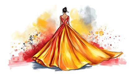 Watercolor illustration of a woman in a long yellow and red dress.