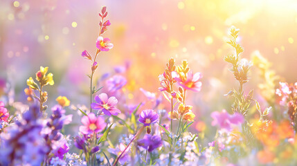 Fototapeta premium Floral Background with Sunbeams and Bokeh Lights for Spring and Summer Greetings