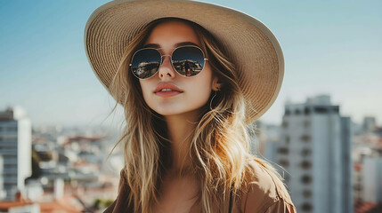 Fototapeta premium Young woman in a straw hat and sunglasses looks out over a city skyline.