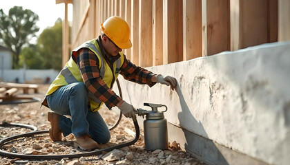 Expert builder professionally applying high-density spray foam insulation to a new home's exterior foundation, showcasing the detailed construction process and ensuring safety with proper gear