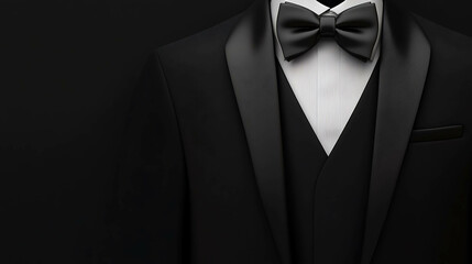 A close-up of a black tuxedo with a bow tie.