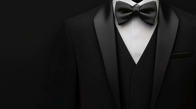A close-up of a black tuxedo with a bow tie.