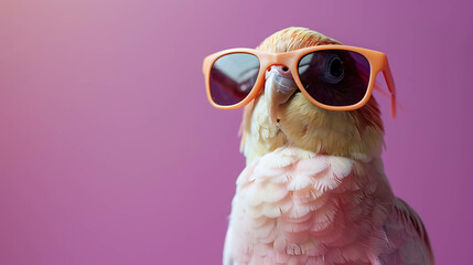 A pink and white cockatoo bird wearing sunglasses against a purple background.