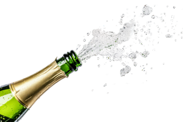 Cork pops; bubbles sparkle in champagne isolated on transparent background