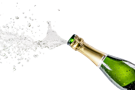 Champagne bottle bursting indoors isolated on transparent background