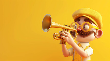 Fototapeta premium A 3D cartoon man with a mustache and glasses plays a trumpet.