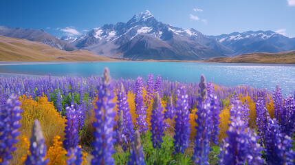 Vibrant Wildflowers with Majestic Mountain Background