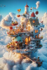 Obraz premium A surreal high-angle perspective showcasing a dreamlike kitchen floating in the clouds