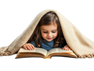 Child reading a book under a cozy blanket indoors isolated on transparent background
