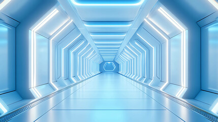 Futuristic hallway with blue neon lights.