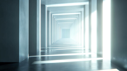 Fototapeta premium A long, white hallway with light at the end.