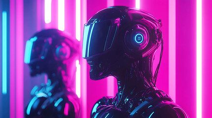 Two robots wearing futuristic helmets stand in front of neon lights.