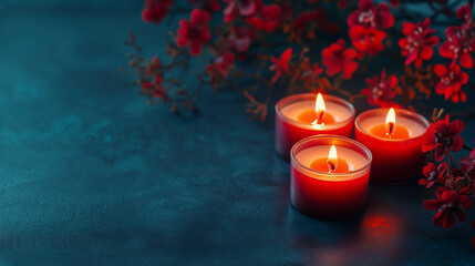 Three red candles glow softly, surrounded by vibrant flowers, creating a peaceful atmosphere for the Dia de los Muertos celebration honoring departed souls, copy space