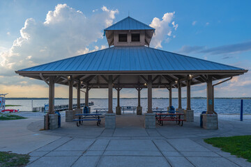 Beach gazebo and lake in a Florida landscape.