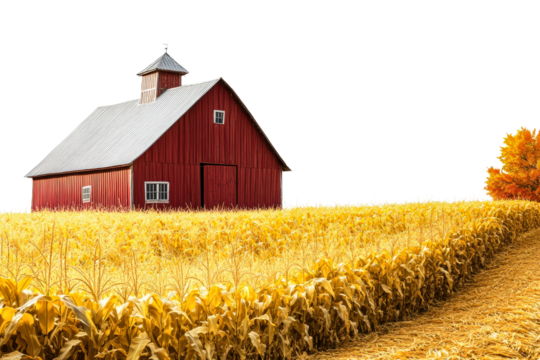 Red barn surrounded by golden cornfields in autumn isolated on transparent background