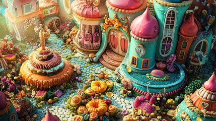 Fototapeta premium A vibrant birds-eye view of a whimsical fantasy world featuring colorful cooking scenes, intricate pastry gardens, and fantastical ingredients, lush textures, digital art style