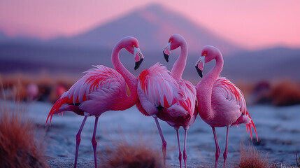 Pink Hues of Dawn: A quartet of flamingos strike elegant poses against a breathtaking, pastel-hued...