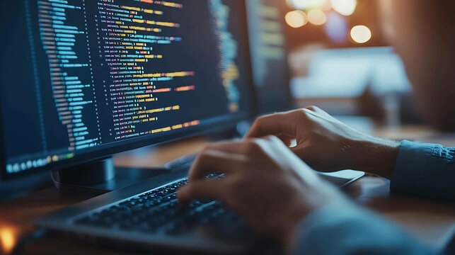 Closeup of hands typing on a laptop, with a monitor displaying code in the background.