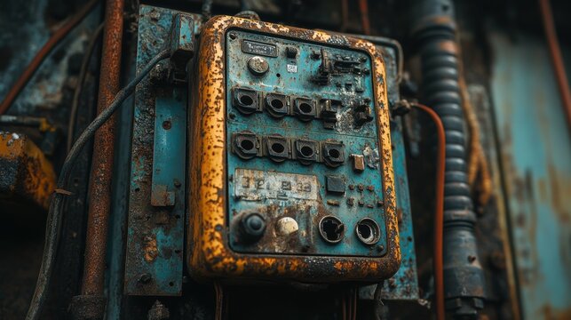 Macro shot of corroded electrical wiring in an outdated fuse box