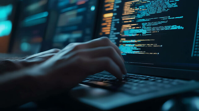 Close-up of hands typing code on a laptop computer.