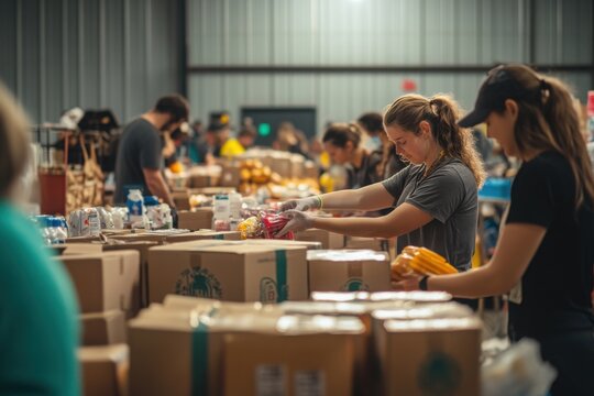 Volunteers Packing Food Boxes in Warehouse