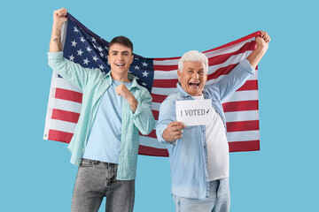 Voting men with USA flag on blue background