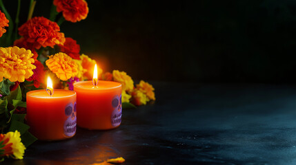 Vibrant marigolds surround lit candles, symbolizing the Day of the Dead, creating a warm and inviting space for honoring departed loved ones, copy space