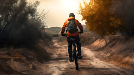 Obraz premium Mountainbiker auf staubigem Pfad in der Natur bei Sonnenuntergang - Ai-Ki generiert