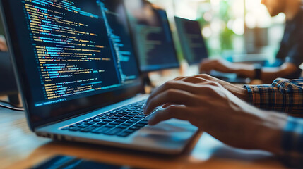 Close-up of programmer's hands typing code on a laptop.