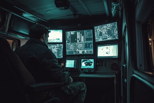 Man Monitoring Security System in Control Room
