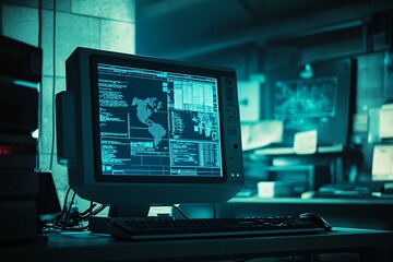 Fototapeta premium Computer Screen Showing World Map And Code