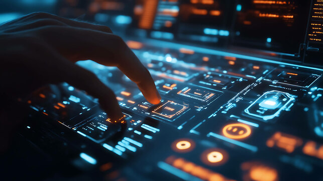 A hand hovering over a futuristic glowing interface. - Powered by Adobe