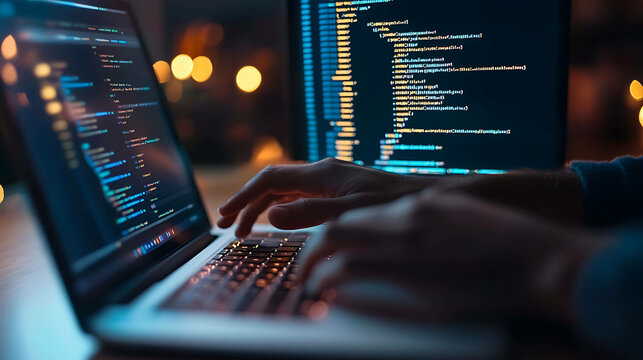 Close up of hands typing code on a laptop in a dimly lit room.